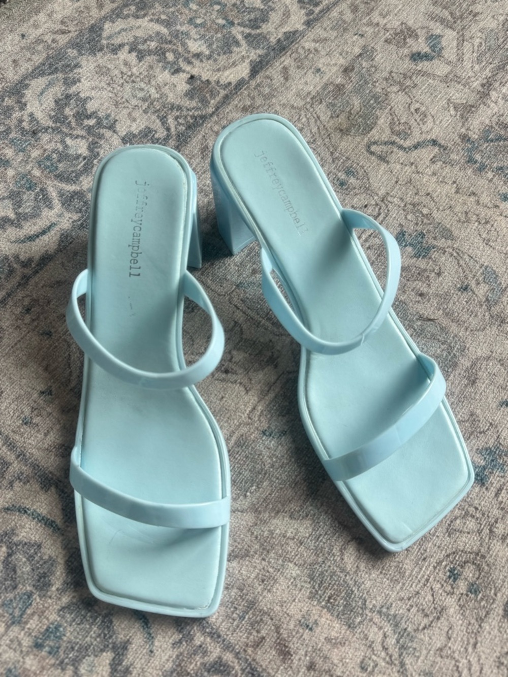 Jeffrey Campbell Pastel Blue Square-Toe Double-Strap Block Heels